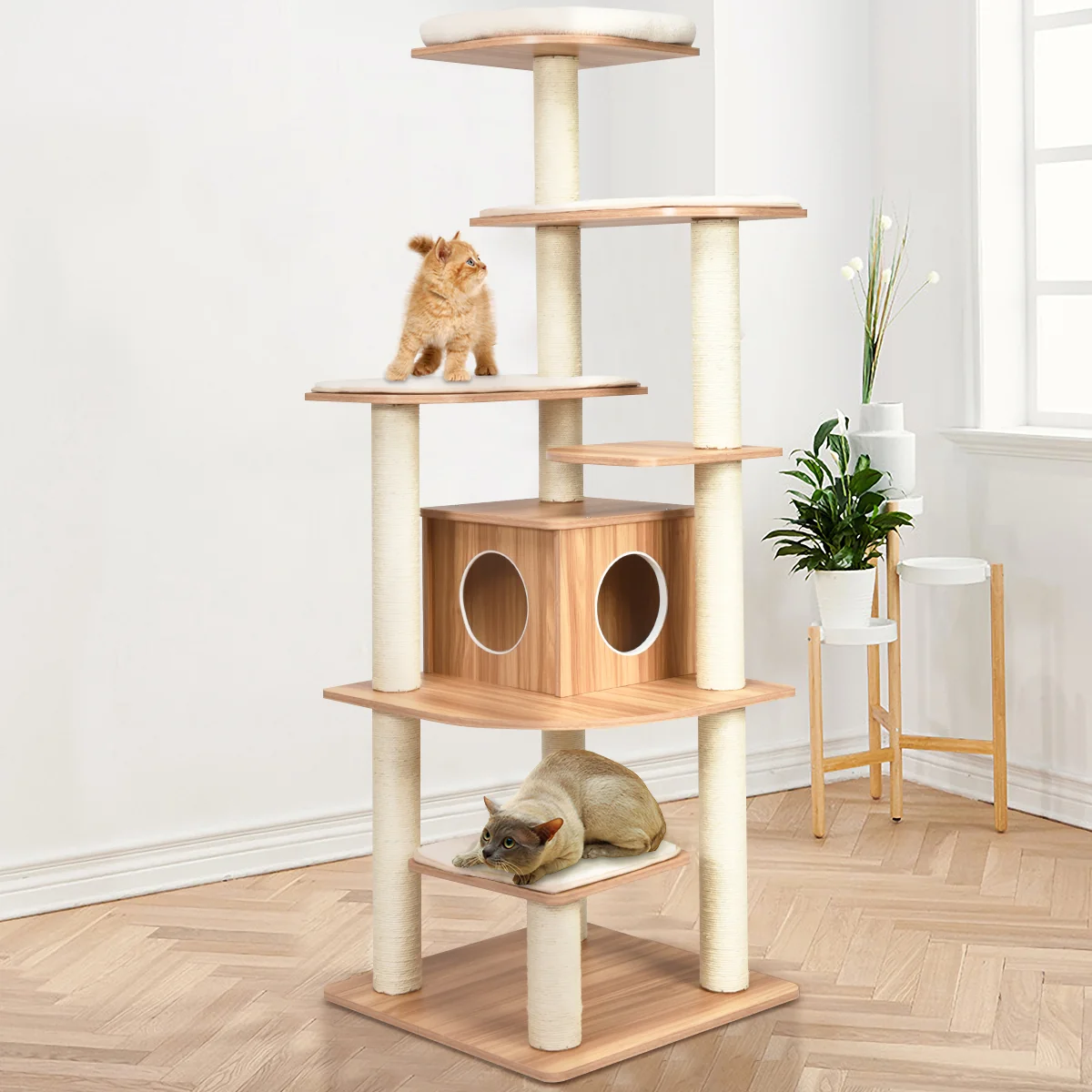 Hikidspace Modern Cat Climbing Tree with Scratch Resistant Sisal Rope Column