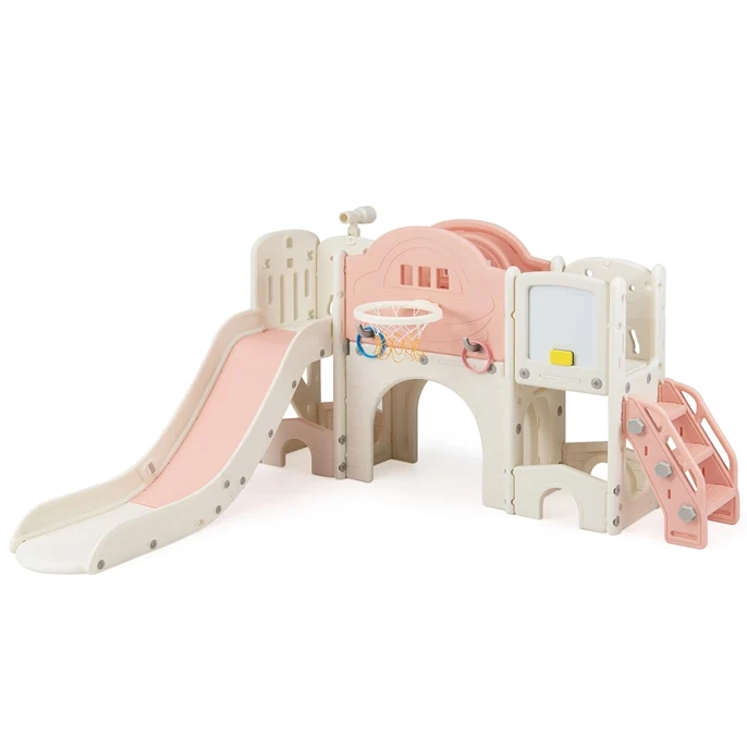 10 in 1 Toddler Slide Set. Kids Slide and Climber Playset w/Whiteboard. Telescope. Ring Toss