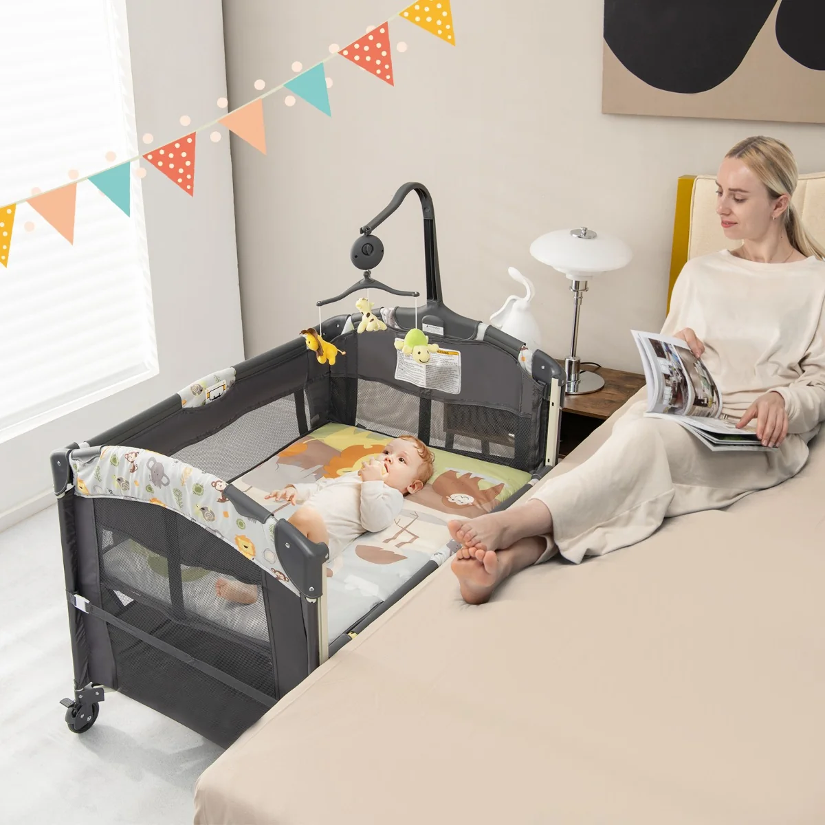 Hikidspace Bedside Baby Crib with Adjustable Height for Newborn Infant